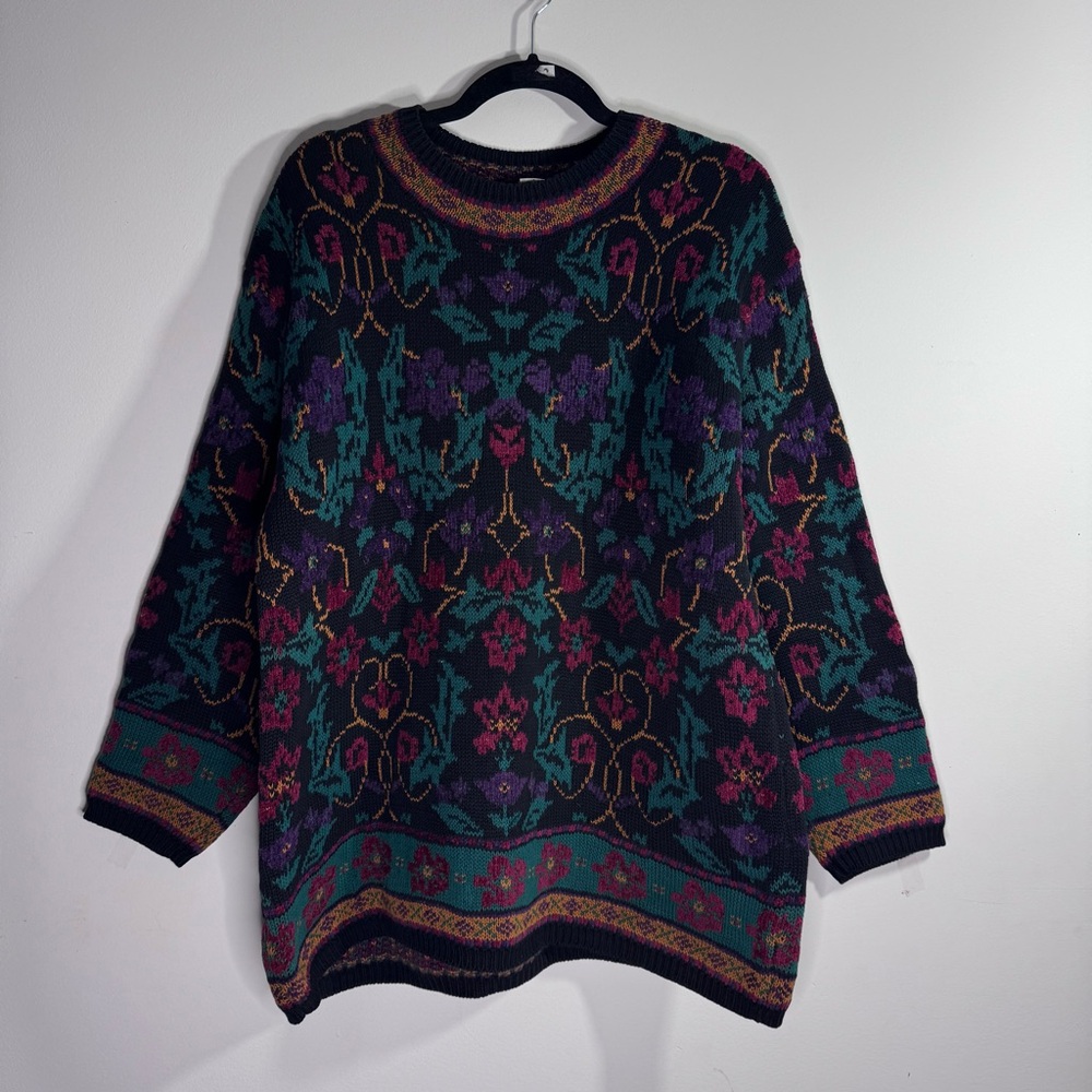 Vintage Lands’ End L Floral Tapestry Sweater 90s Folk Art Cottagecore
